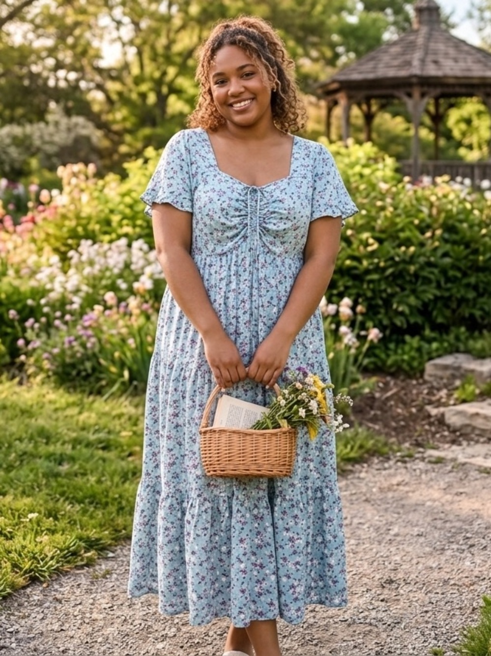 Milkmaid Light Blue Tiered Floral Tie-Front Farm Dress Rayon Cottagecore